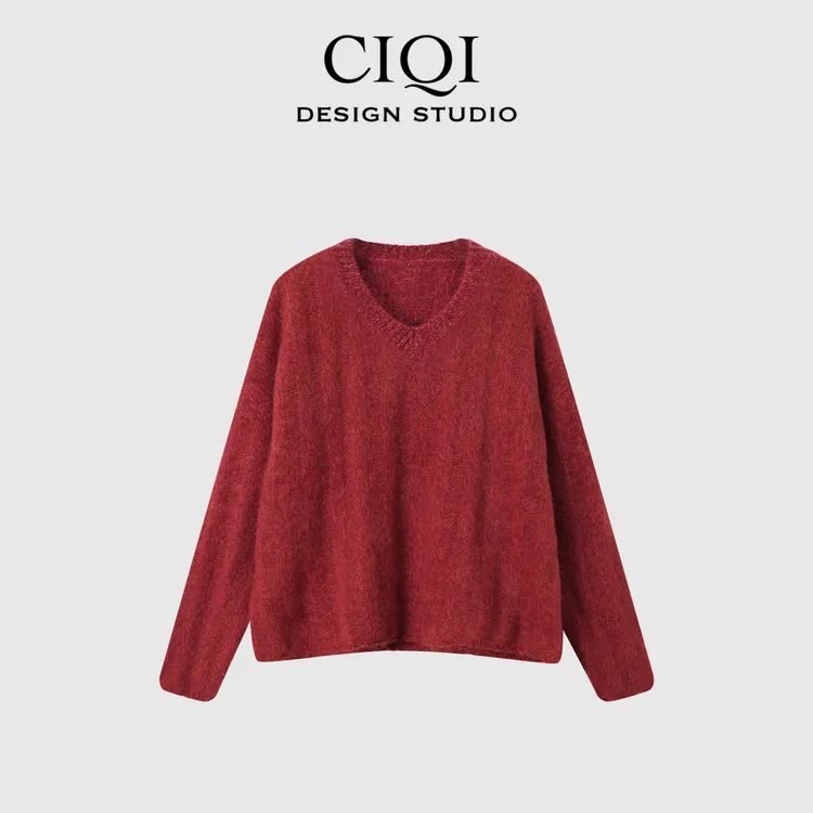 CIQI STUDIO【奢华温暖】100羊毛拉绒慵懒气质百搭V领针织毛衣25666