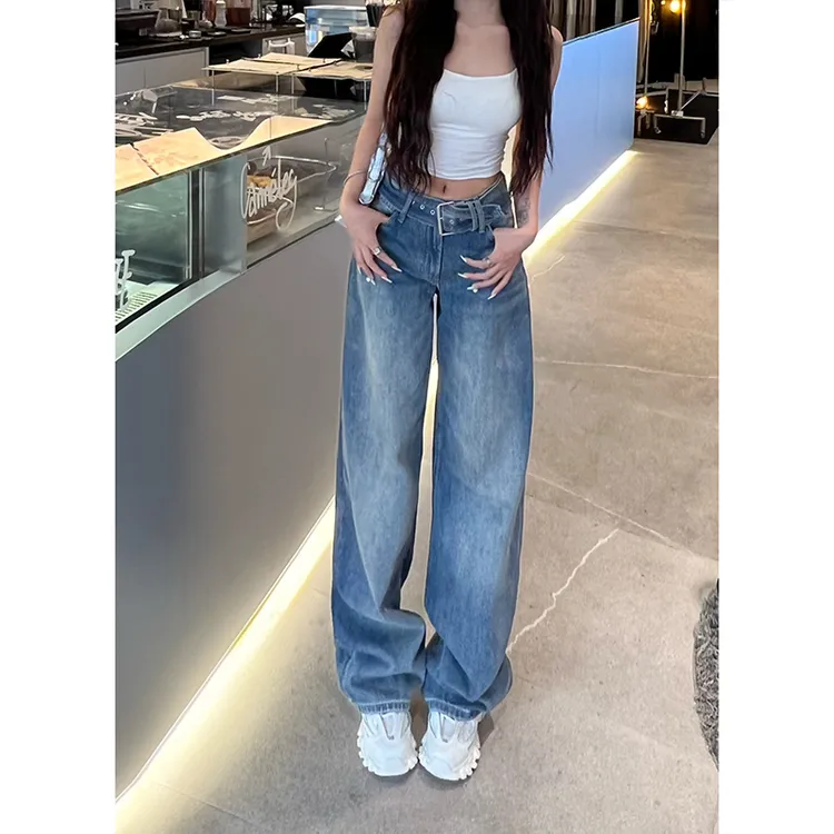 设计感宽腰带低腰阔腿牛仔裤女2025年秋季新款百搭显瘦拖地长裤