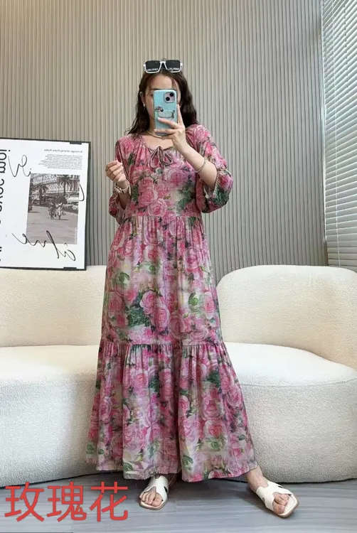 棉绸半袖宽松时尚洋气连衣裙夏季显瘦气质韩版甜美温柔碎花中长款