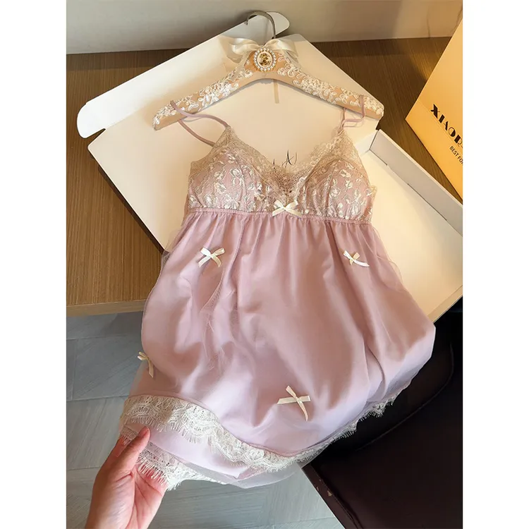 法式蝴蝶结网纱冰丝睡裙女夏季性感蕾丝纯欲带胸垫家居服连衣裙