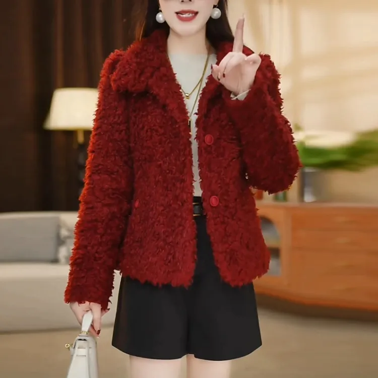 托斯卡绒加绒加厚短款外套2025冬季新款红色时尚修身显瘦保暖上衣