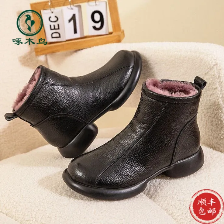 啄木鸟防滑新款加厚棉靴靴子妈妈棉鞋平底保暖女鞋雪地靴短靴中年