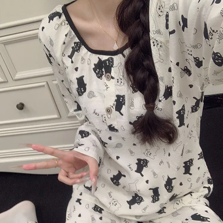 卡通风黑猫睡衣女款春秋季爆款云朵棉女士长袖长裤家居服学生套装