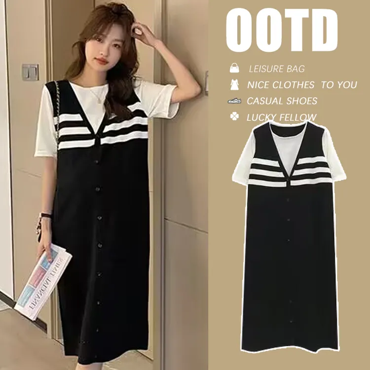 孕妇装夏季新品2026孕妇宽松大码显瘦假两件孕妇连衣裙白色条纹