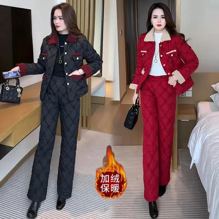 2025冬季新款加厚加绒洋气质显瘦小香风提花棉服套装女休闲两件套