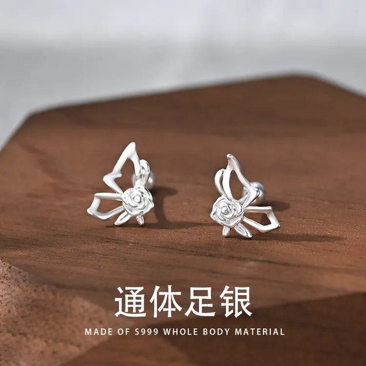 足银耳饰 S999足银蝴蝶玫瑰花耳钉女简约气质拧螺丝耳饰精致耳环