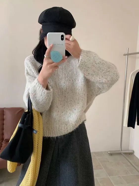 韩系减龄慵懒风宽松彩色圆领套头毛衣女软糯针织衫显瘦气质上衣