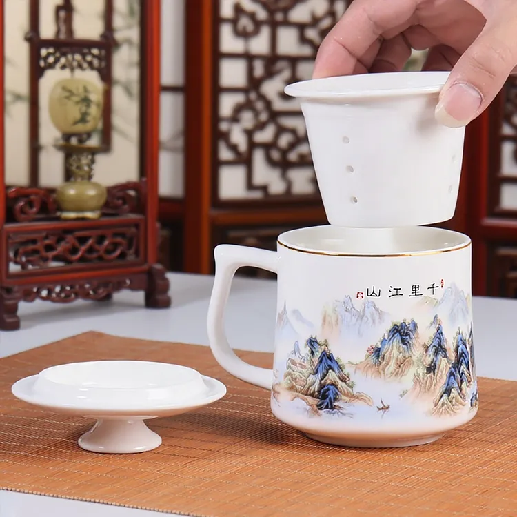 描金中式陶瓷茶隔杯带过滤茶水分离杯办公室泡茶杯水杯礼品杯定制