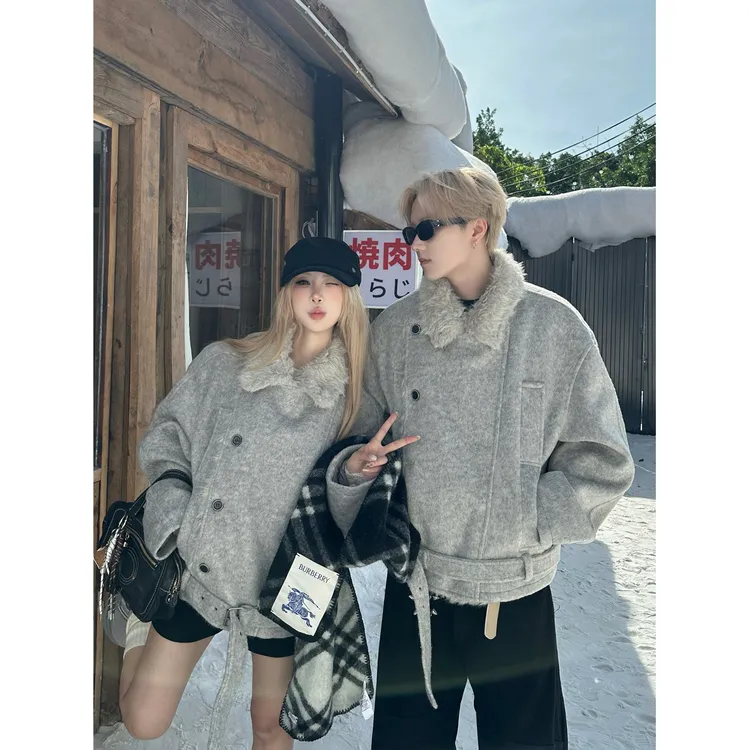 复古老钱风毛呢加厚夹克外套男女情侣装冬季高级感双排扣毛领棉衣