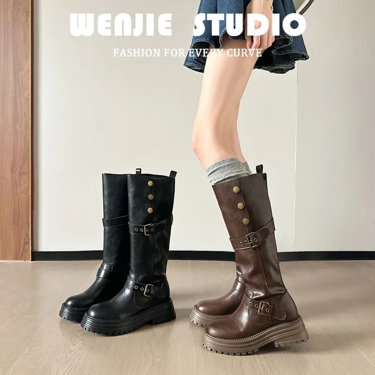 8cm厚底复古翻边长筒靴2025新款粗跟增高女靴胖mm美拉德两穿长靴