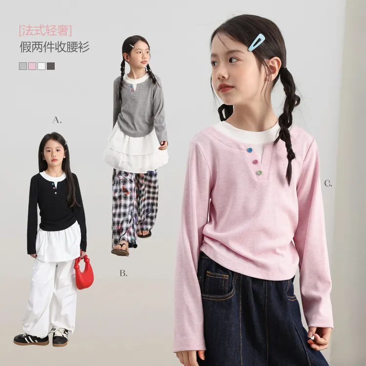 NORNOR陈大猪女童长袖t恤儿童早秋打底衫大童假两件上衣NL570027