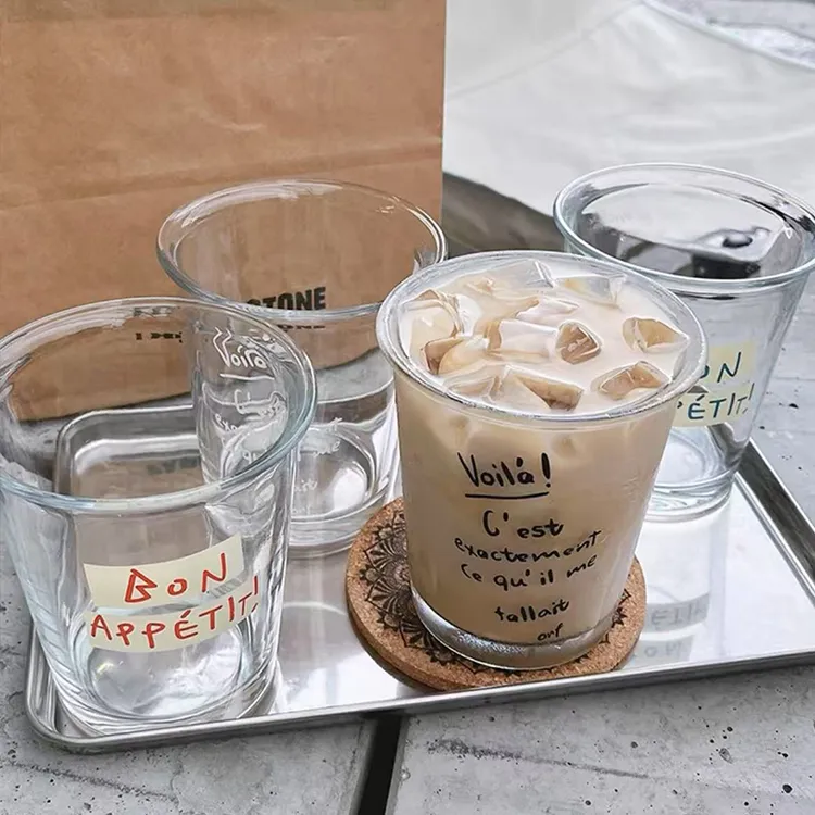 ins网红玻璃早餐杯咖啡厅日韩法式字母印花美式冷萃冰拿铁咖啡杯