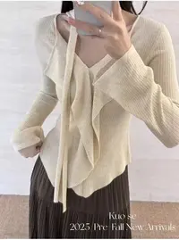 纯欲风韩系设计感飘带针织衫女25秋季超好看氛围感荷叶边长袖上衣
