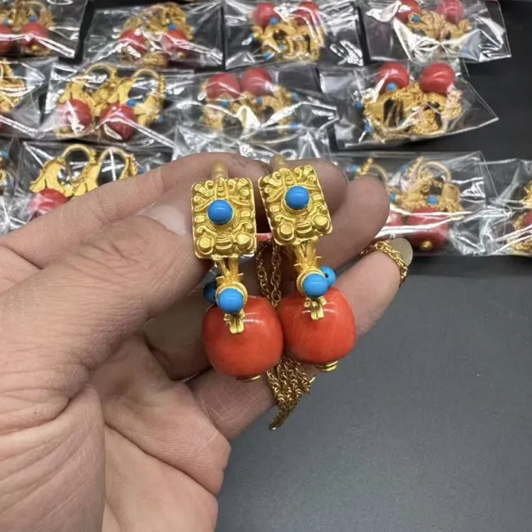铁合金耳饰 民族风原创设计镶嵌手工时尚中古几何图案金色耳环