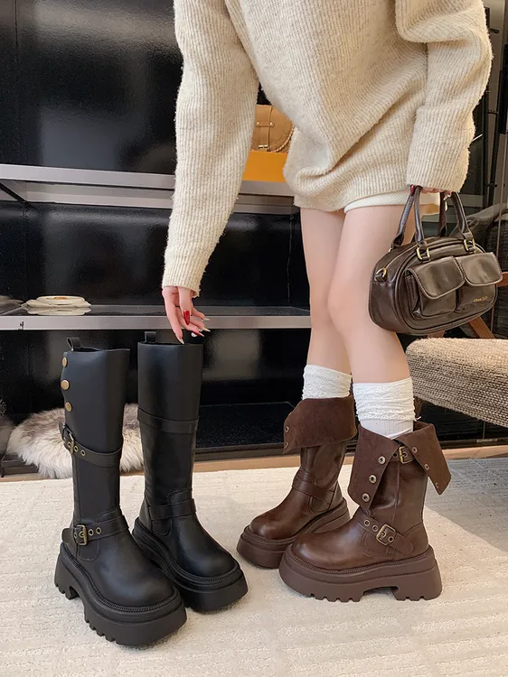 两穿厚底不过膝高筒靴女复古英伦风皮带扣骑士靴美拉德棕色长筒靴