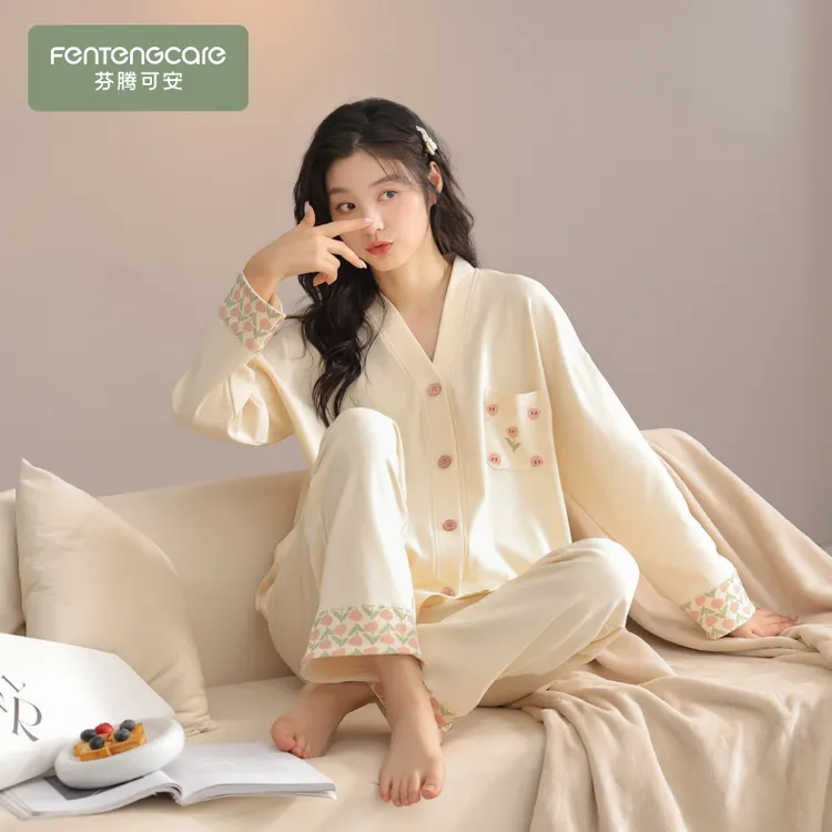 芬腾可安春秋季睡衣女士2026新款长袖花朵宽松100%纯棉套装家居服