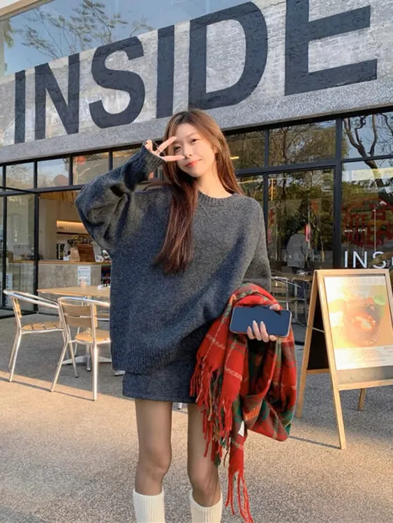 慵懒风毛衣两件套女秋冬套装休闲显瘦宽松套头针织衫高腰半身裙