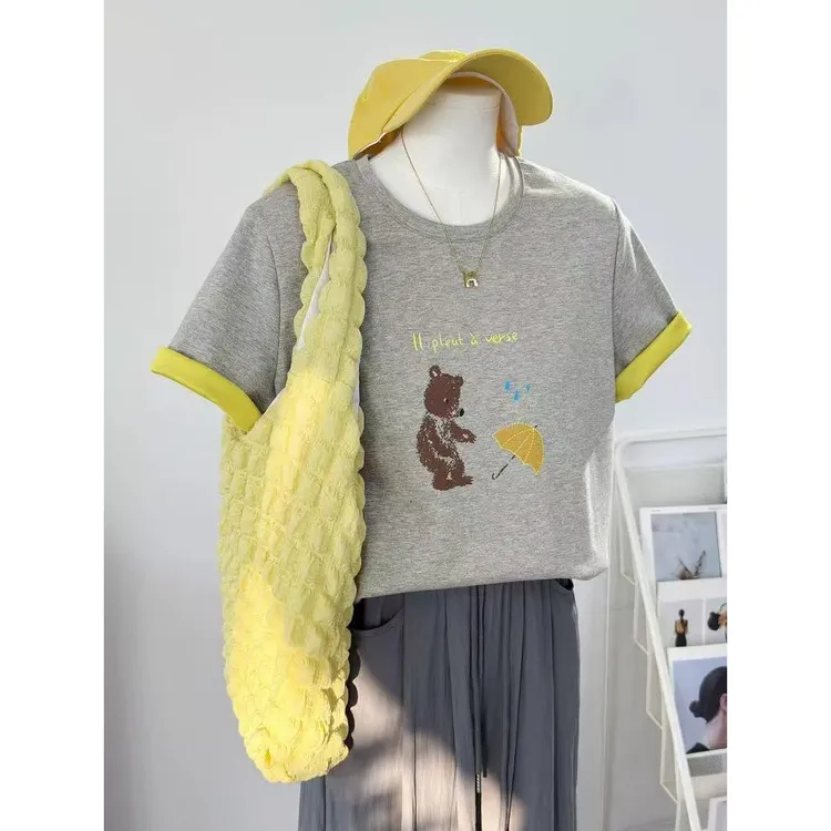B 门店2/9&9！迷雾小熊T恤」AB面织染撞色百搭圆领短袖上衣女C22216