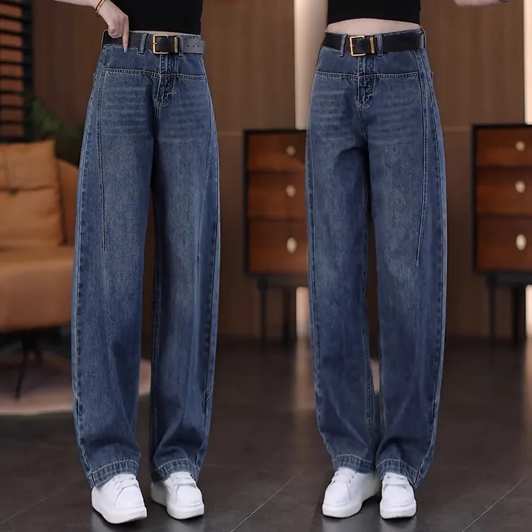 牛仔裤女2025新款秋冬季加绒加厚高腰宽松休闲直筒阔腿裤子弯刀裤