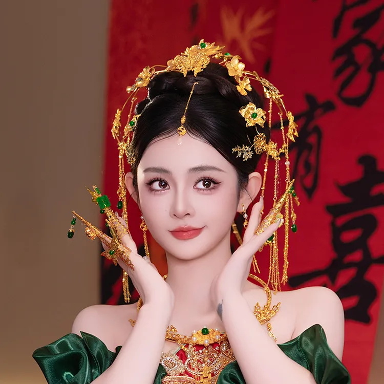 合金婚庆饰品 中式龙凤褂新娘结婚头饰金色发钗瀑布后区发饰G0184