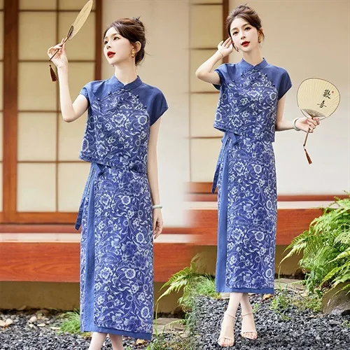 改良旗袍国风精致碎花包臀裙夏季新款女装