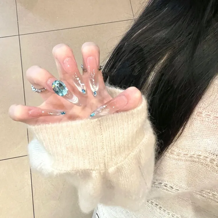 【孔雀蓝眼泪】纯手工美甲穿戴甲清透夏日微笑法式氛围感猫眼美甲