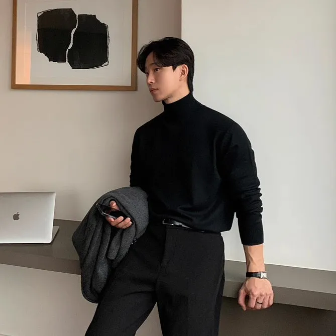 男士小高领毛衣秋冬款韩系毛衫潮流保暖黑色中领针织打底衫线衣