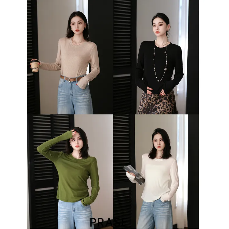 PRASE·噜【裸感打底】微胖轻奢设计款秋女天丝羊毛圆领T恤PR508S22
