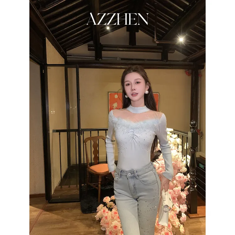 AZZHEN【柔雾流光】绵羊毛法式设计感网纱拼接针织衫褶皱修身打底