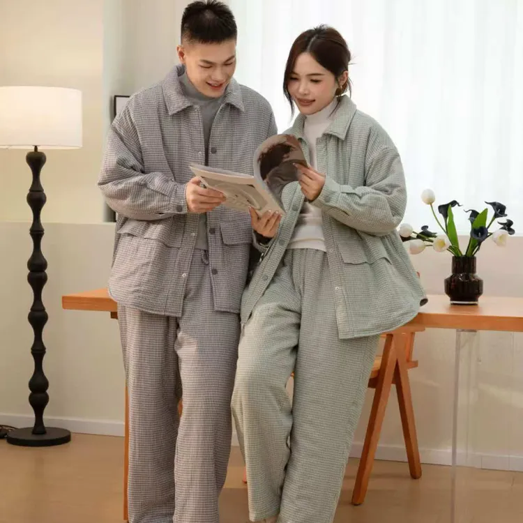 秋冬新款双层纱棉服套装可外穿加厚情侣保暖家居服