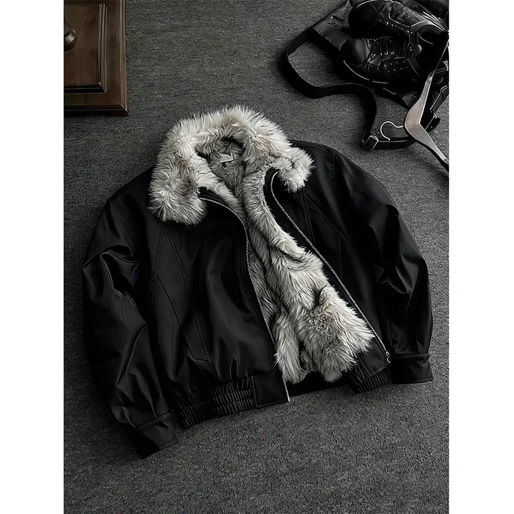 otb狼王座山雕外套男款冬季仿狼毛三防bomber短款哈灵顿夹克棉服