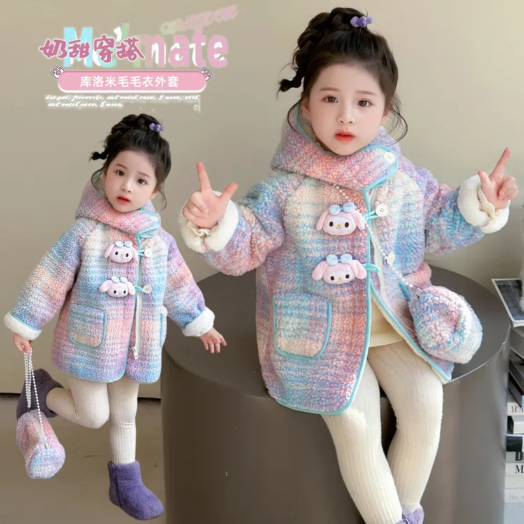 女童毛呢外套中长款秋冬加绒加厚保暖洋气女宝毛毛衣呢子大衣连帽