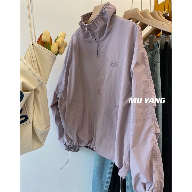 韩国紫色显白可立领冲锋衣女春季刺绣宽松防风外套ins