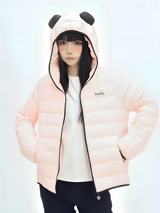 TINGNI原创熊猫耳朵连帽排骨女冬季轻薄保暖白鸭绒情侣外套