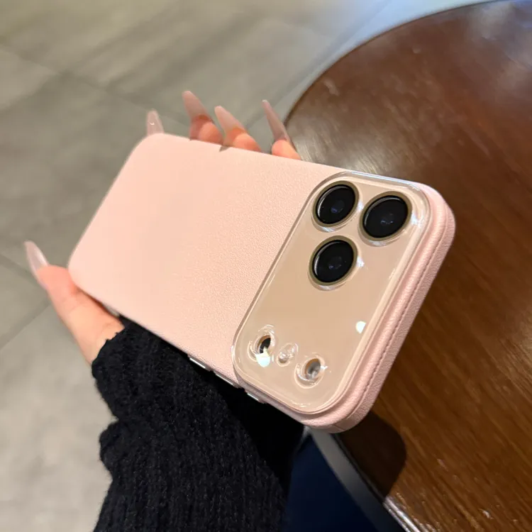 少女粉PC荔枝纹带镜头膜适用于苹果17promax手机壳男女轻奢高级感