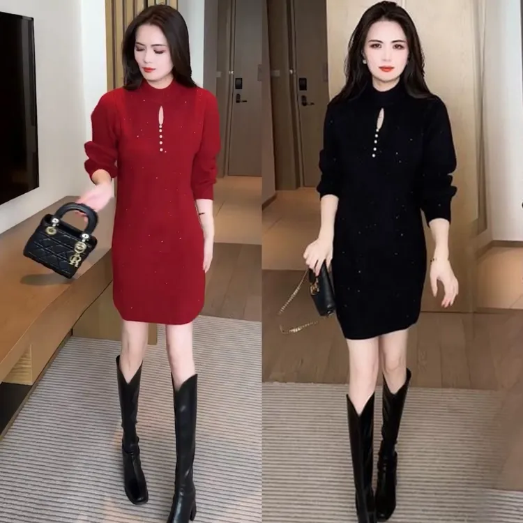 2025秋季连衣裙纯色春季中长款加厚长袖修身显瘦
