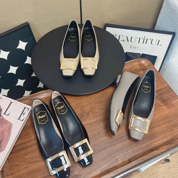 胶粘法式方头百搭单鞋低跟豆豆鞋中跟浅口鞋子女鞋