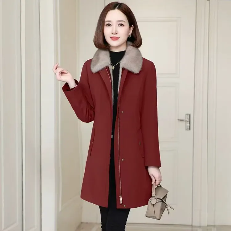 新款派克服女加绒外套修身翻领中长款尼克服大衣显瘦棉服皮草棉衣