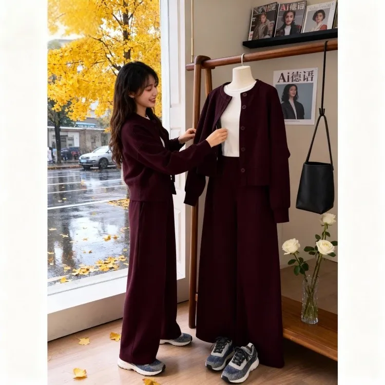 大码300斤高级感复古酒红色套装男女春秋冬开衫卫衣卫裤两件套ins