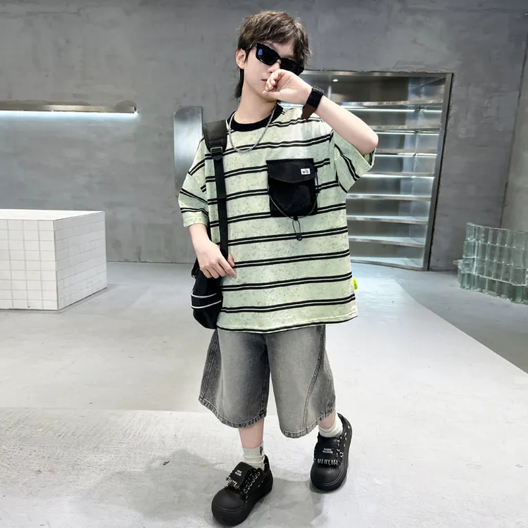 男童夏装简时尚条纹休闲套装中大童夏季条纹大口袋套装