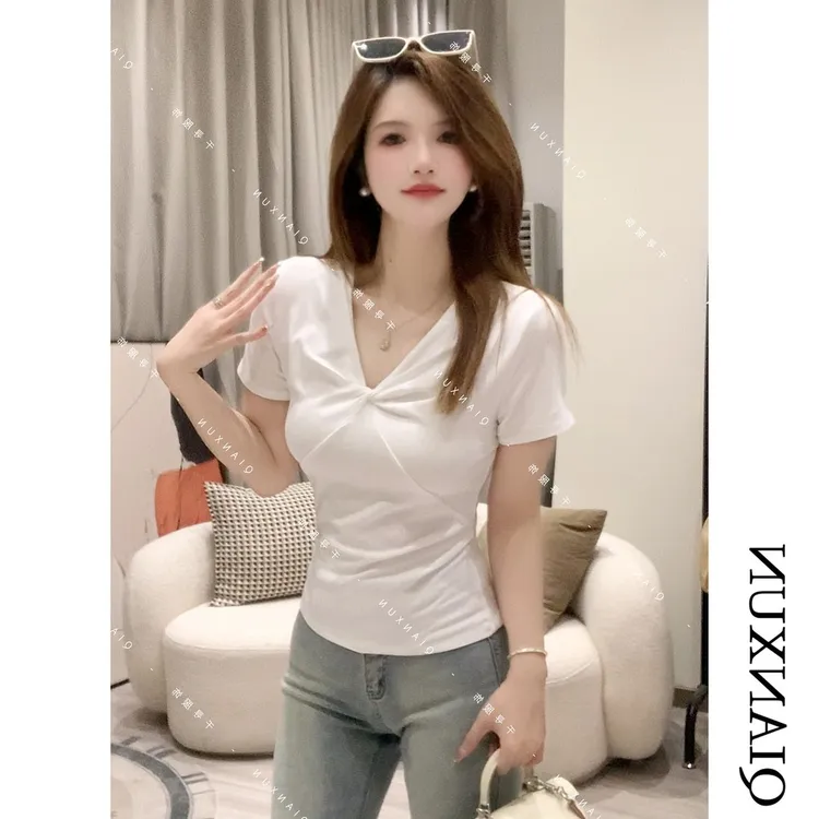 白色修身显瘦短袖女t恤设计感夏季上衣女新款爆款