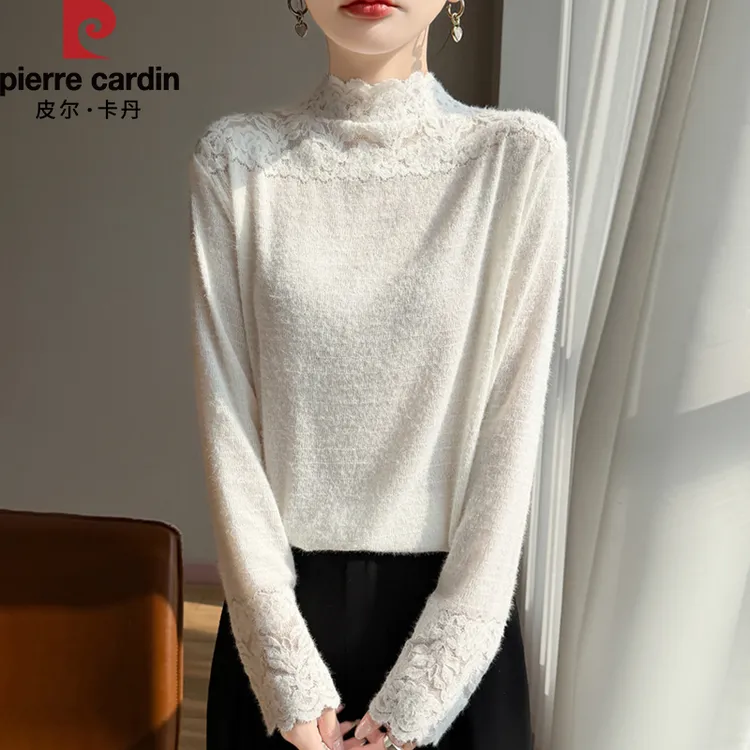 皮尔卡丹新款气质蕾丝提花针织衫时尚百搭半高领镂空长袖打底衫女