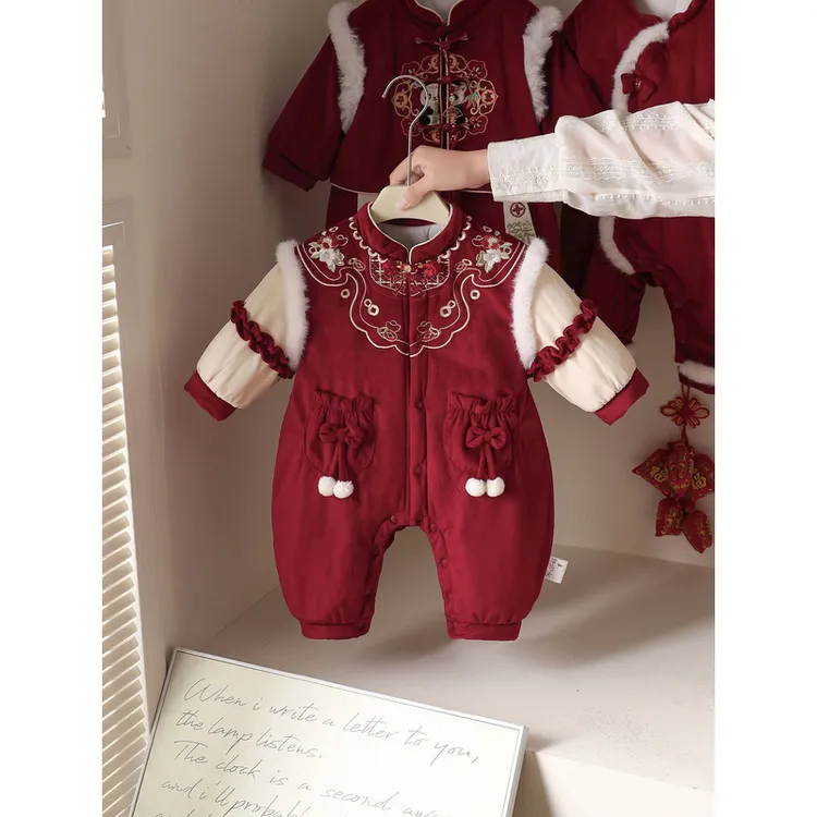 婴儿过年服满月周岁抓周生日宝宝红色国风连体衣棉衣新生儿外出服