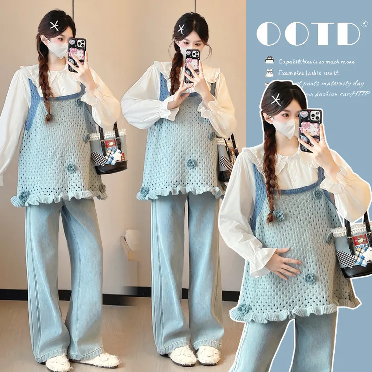 孕妇秋装2025秋季新款韩版时尚气质宽松显瘦减龄花朵马甲白色衬衫