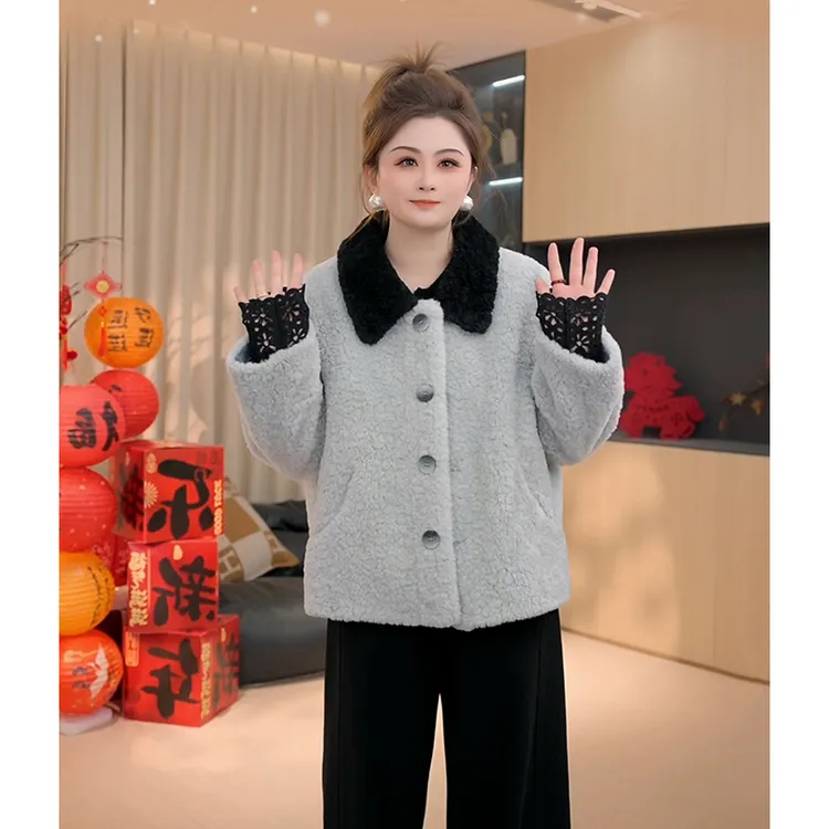 【胖佳佳】昆仑煮雪 冬季气质加厚撞色翻领羔毛外套女H625T21905