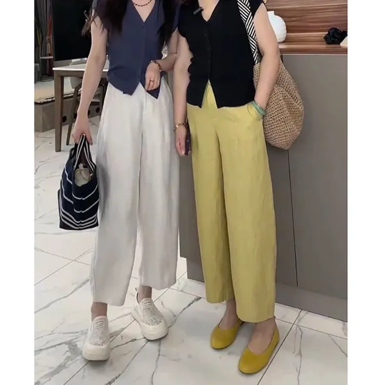 大码胖mm黄色阔腿裤女2025年夏季新款时尚百搭高腰显瘦遮肉直筒裤