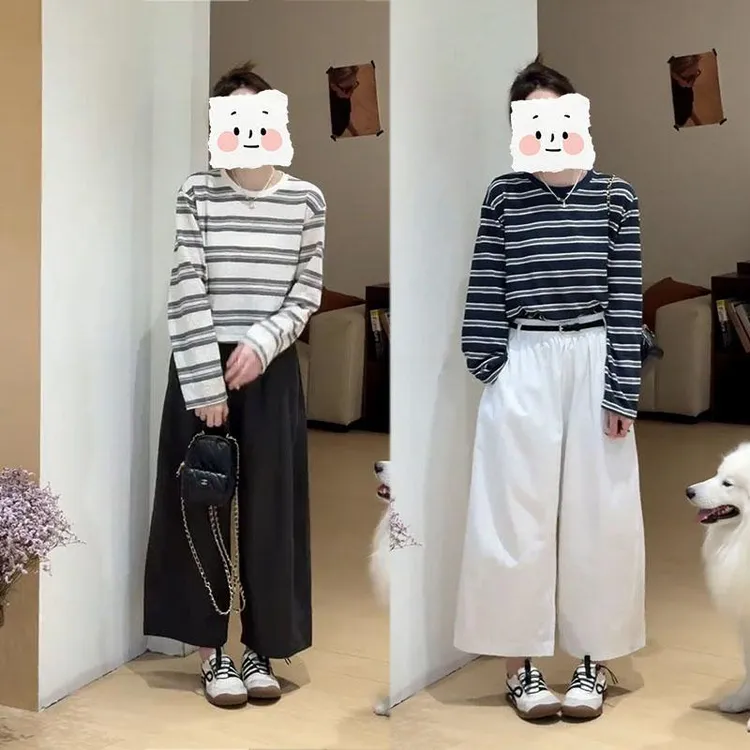 套装女2025春秋新款条纹长袖显瘦休闲宽松打底衫t恤阔腿裤两件套