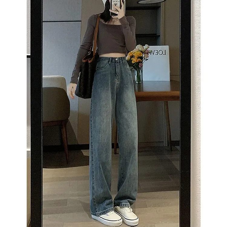新商福利美式复古高腰显瘦直筒牛仔裤女春秋季宽松拖裤子时尚热销