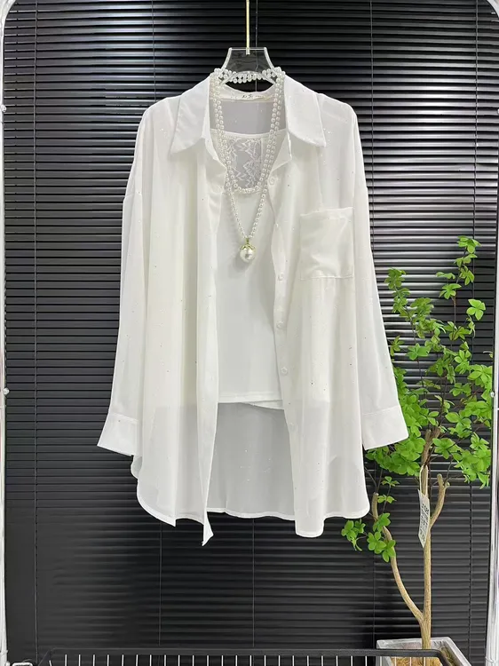 闪钻翻领防晒衬衫轻薄透气宽松休闲百搭背心