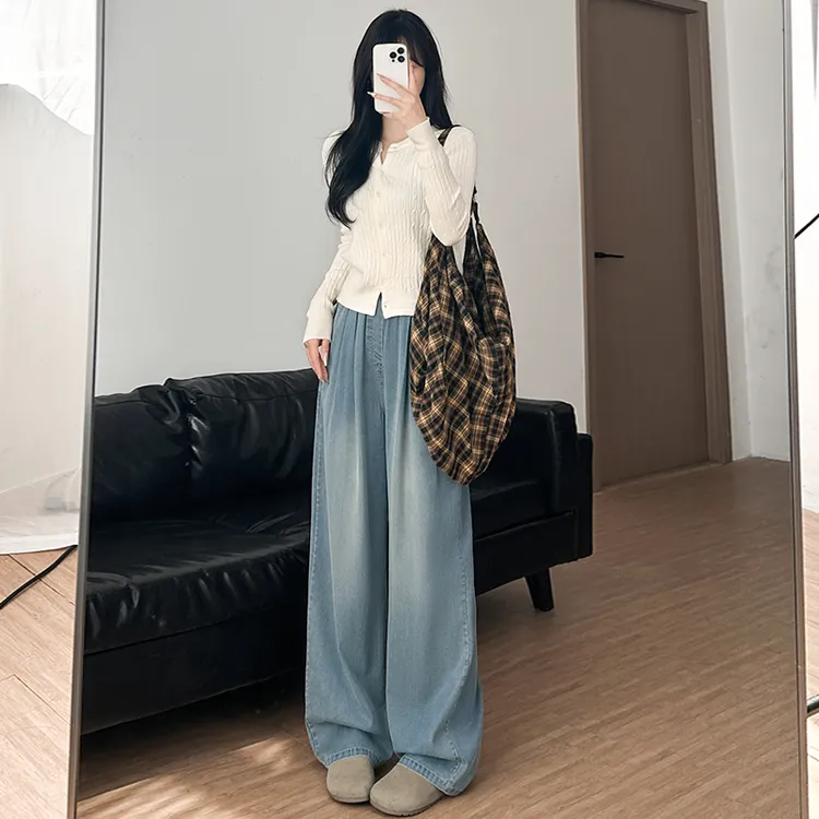 高级感阔腿牛仔裤女直筒2025年新款春季爆款高腰显瘦垂感弯刀裤子